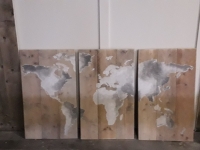 Steigerhouten wandbord Wereldkaart 3 dlg. 180x100